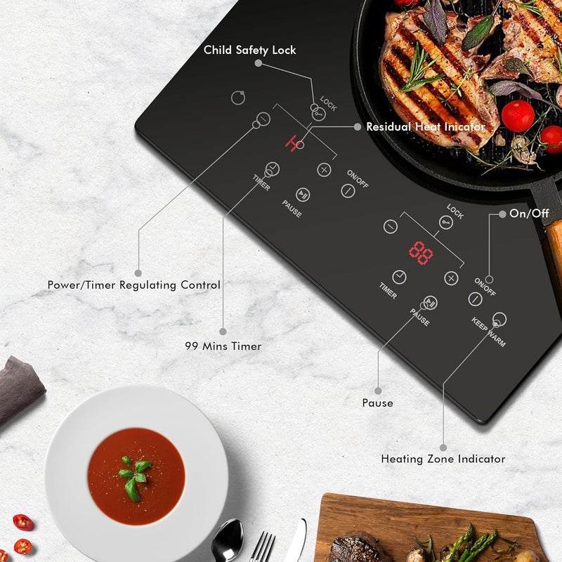 Jessier 12 Inch Electric Cooktop - 2 Burner Countertop & Built-in Electric Stove Top, 120V Plug in Electrical Cook Top, Timer, Safety Lock, Over-Temperature Protection, Sensor Touch Control - Image 2